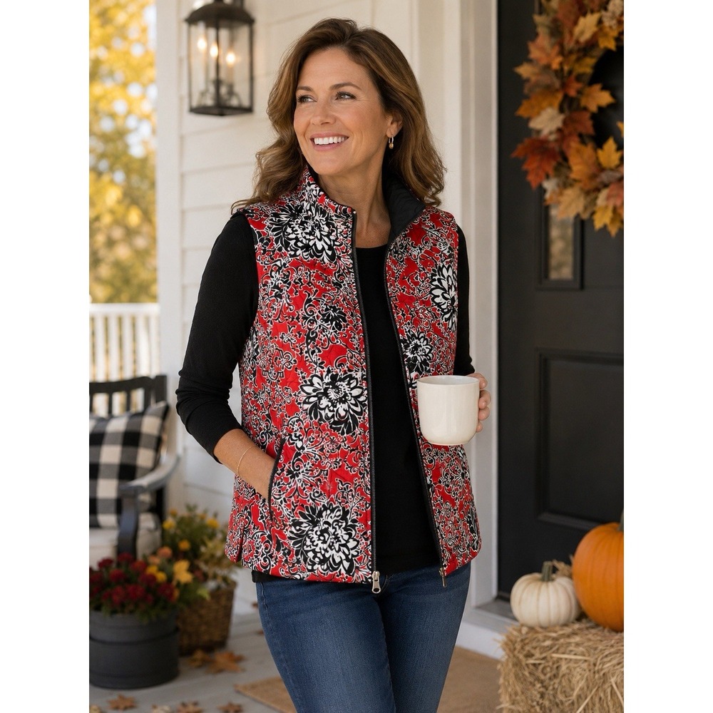 Ruby Rd. Petite PS Reversible Quilted Vest NWT Black Red Floral Zip Lightweight